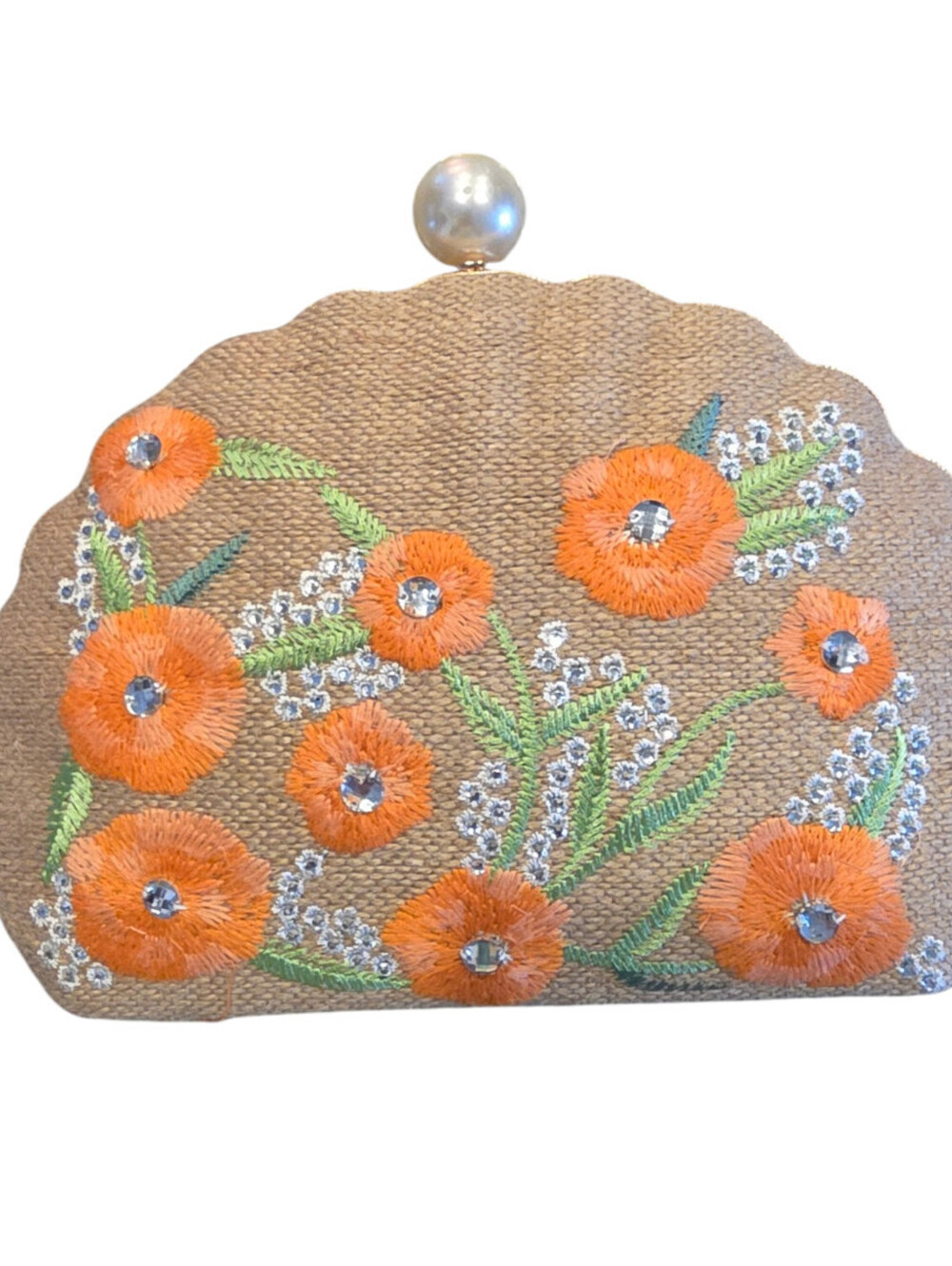 Haute Hippie Clamshell Floral Beaded Jute Handbag Clutch Orange